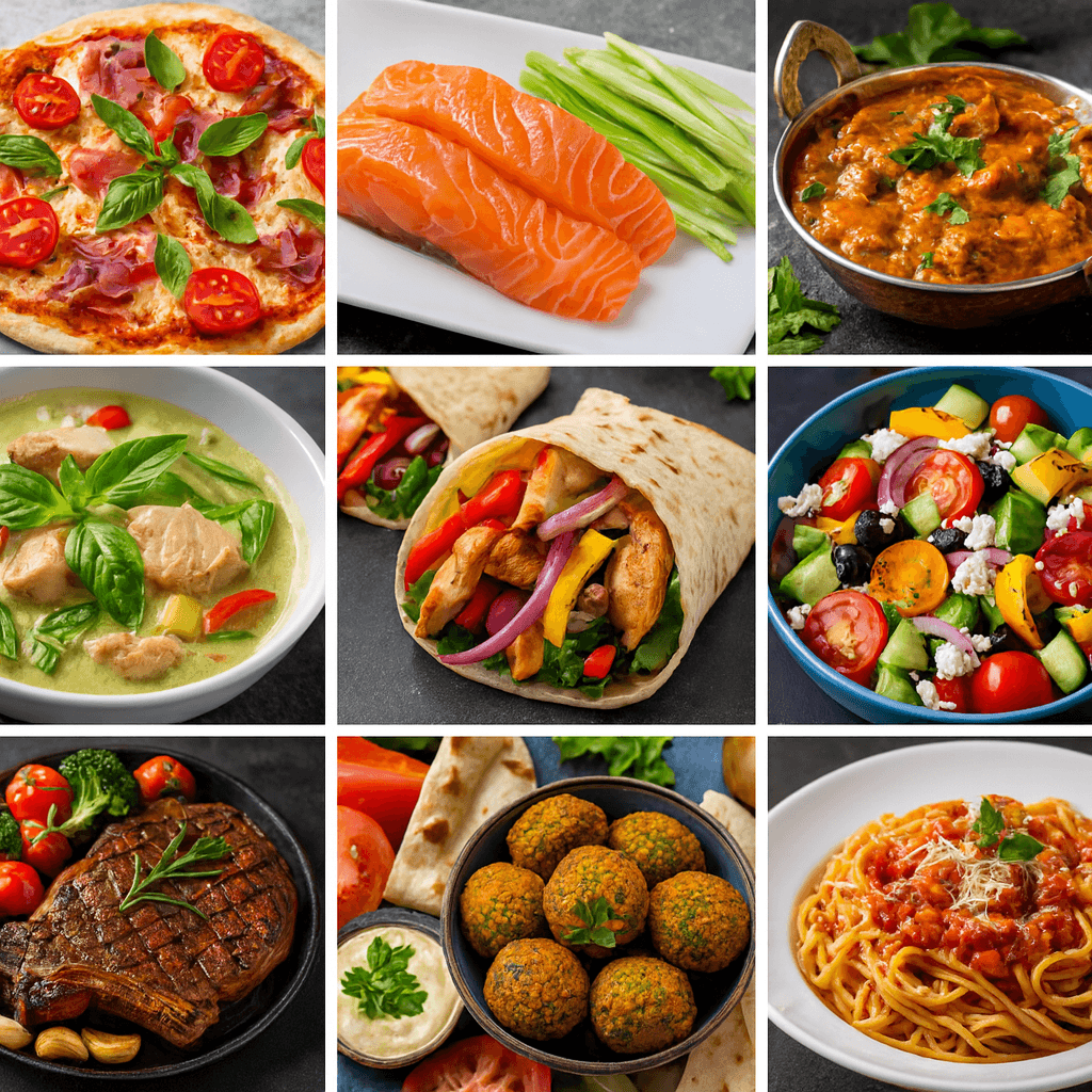 Delicious food collage featuring various cuisines and dishes