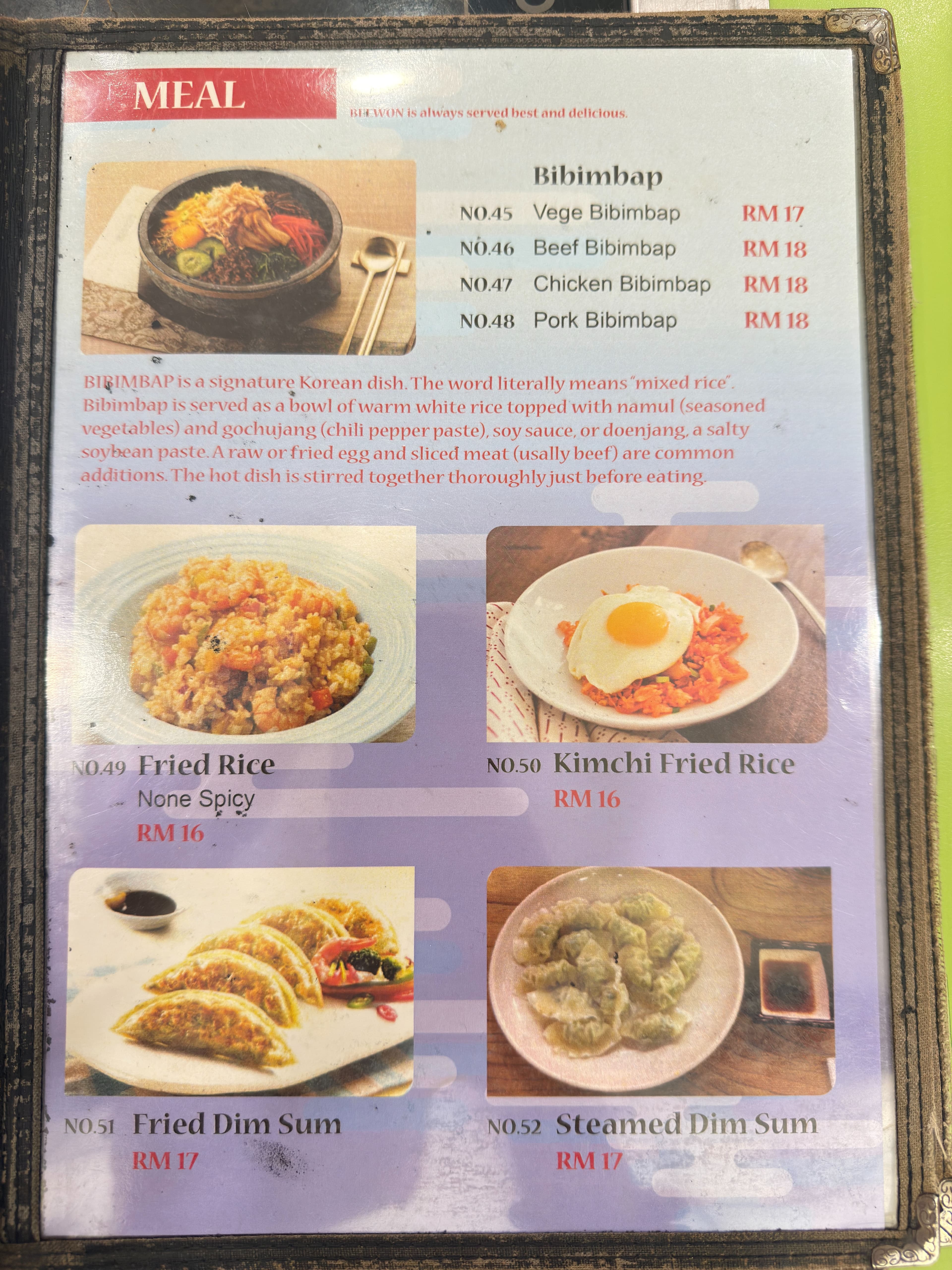 Bee Won Korean Restaurant menu page 1
