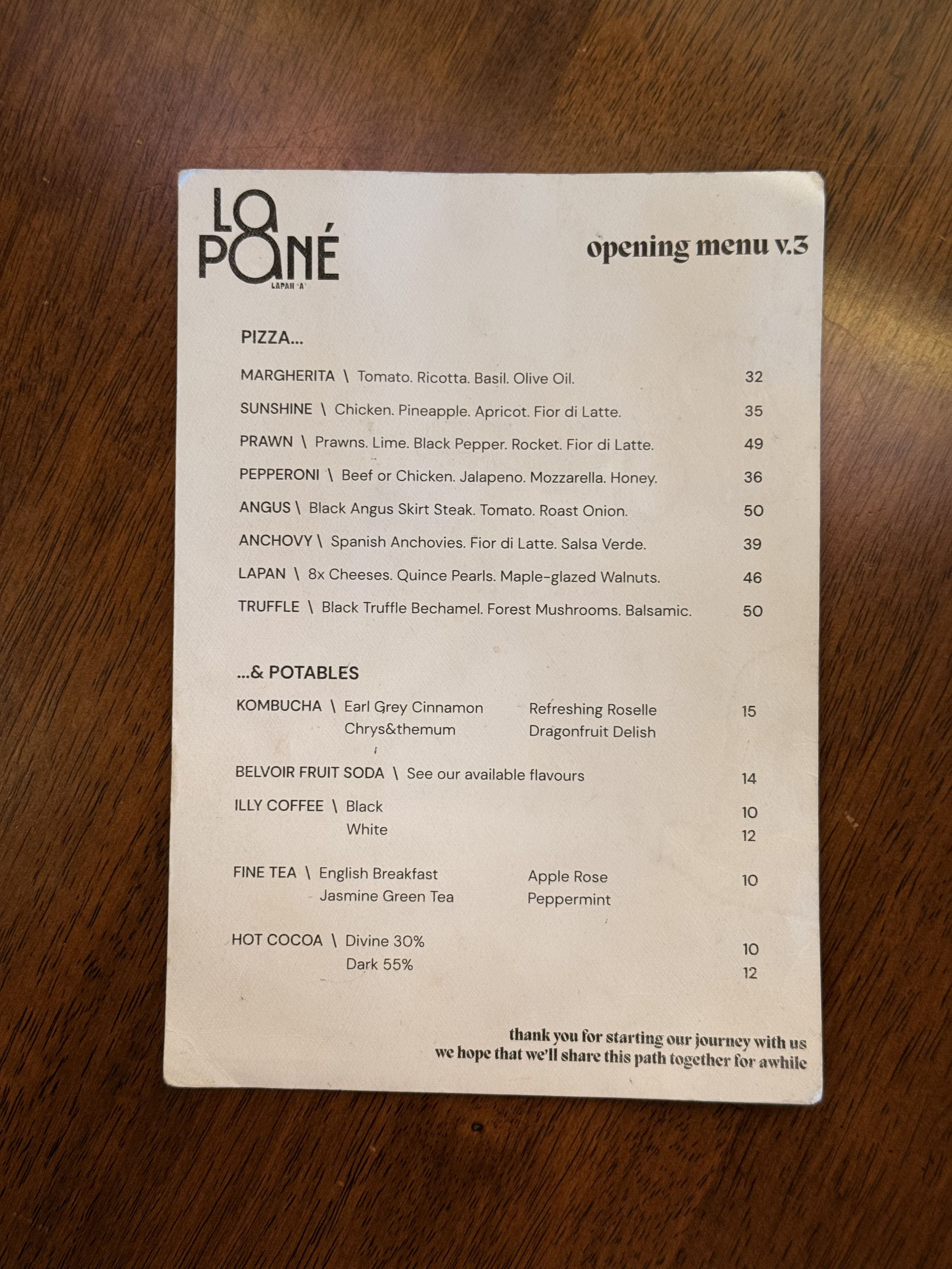 La Pané Pizza menu page 1