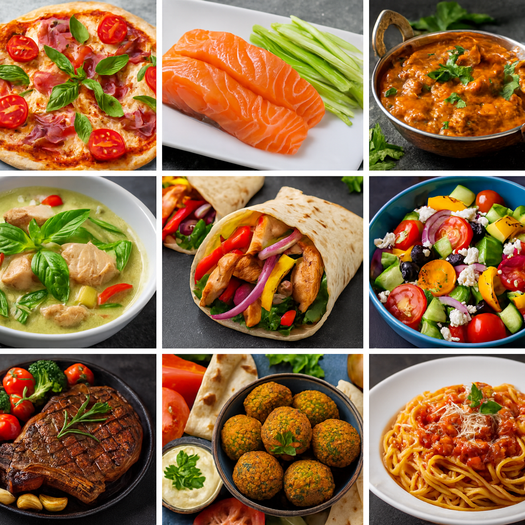 Delicious food collage featuring various cuisines and dishes